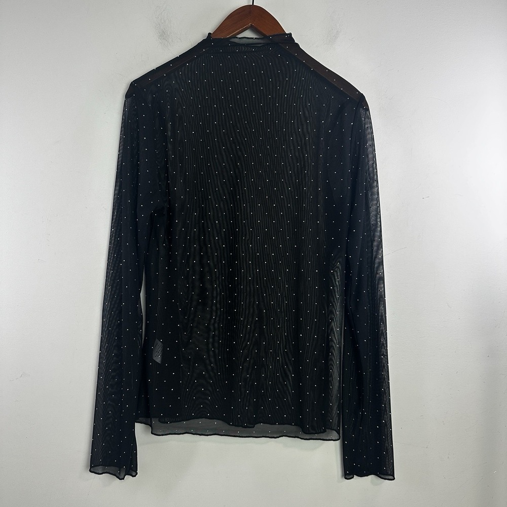 Women Sheer Mesh Pullover Large Mock Neck Long Sleeve Top Silver Beaded Layering